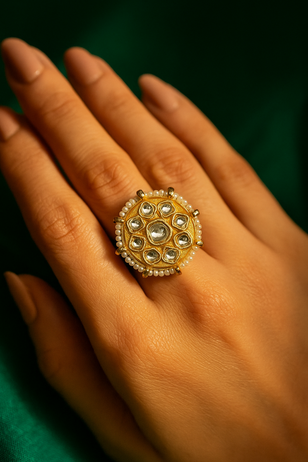 Round Kundan & Pearl Adjustable Ring – Traditional Ethnic Jewellery